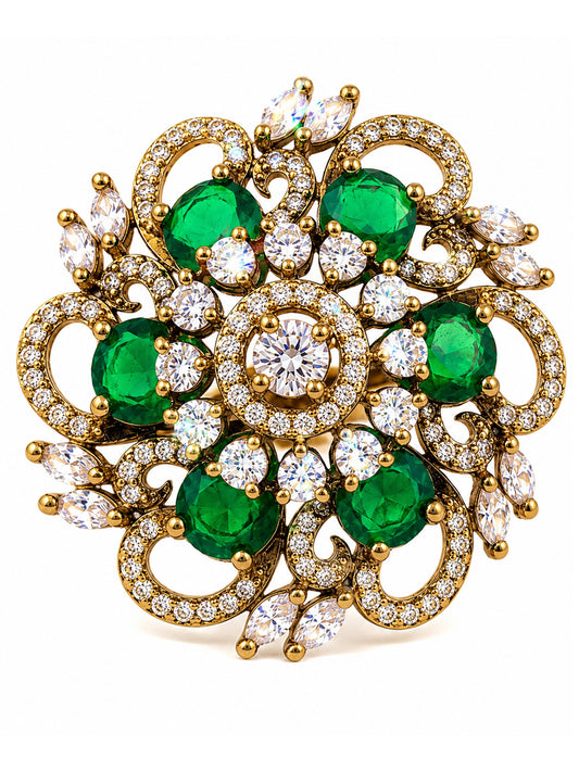 Antique Gold Plated Green AD Finger Ring for Women