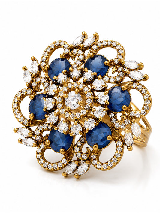Antique Gold Plated Blue AD Finger Ring for Women