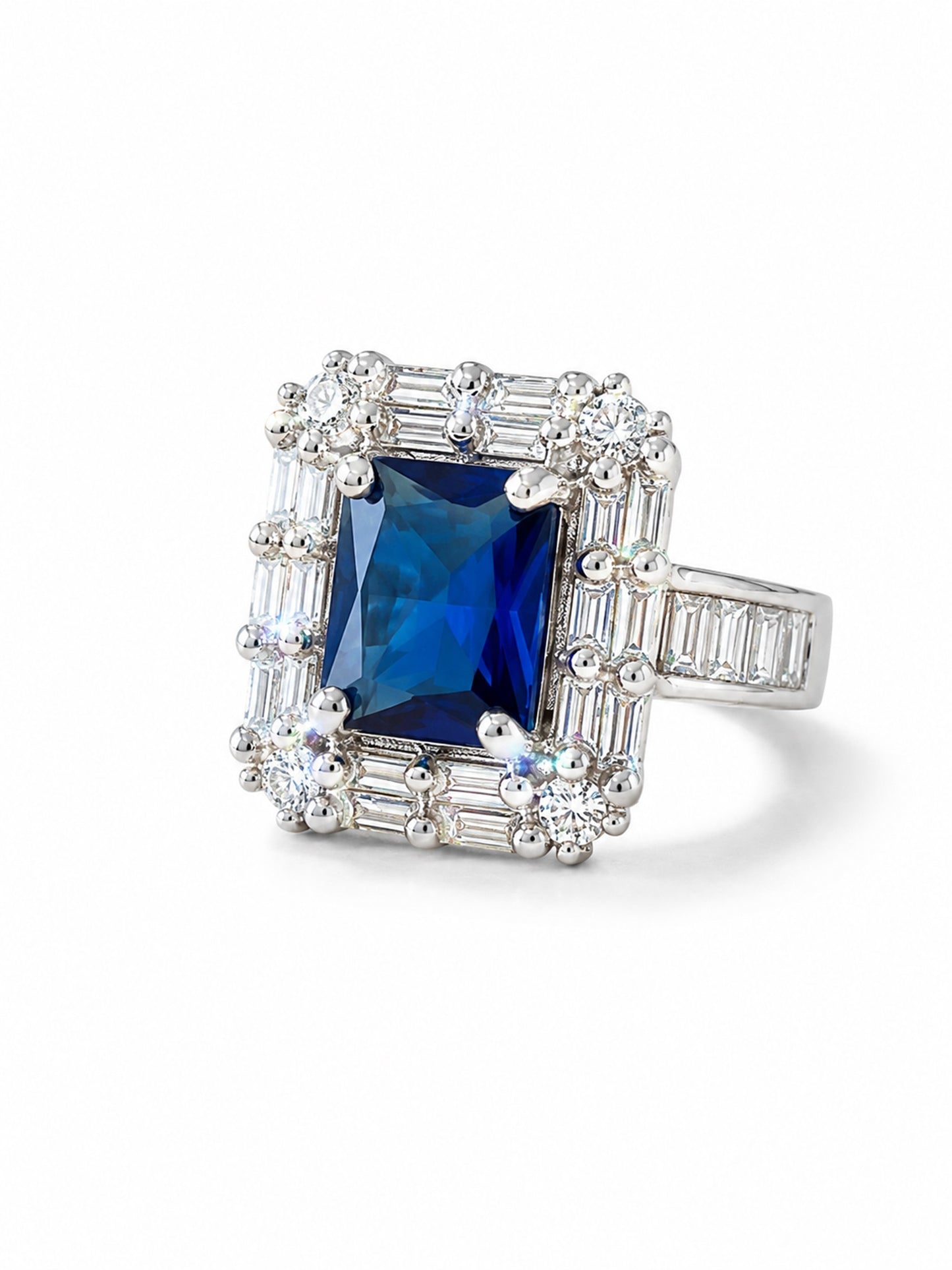 Rhodium Plated Blue AD Finger Ring for Women
