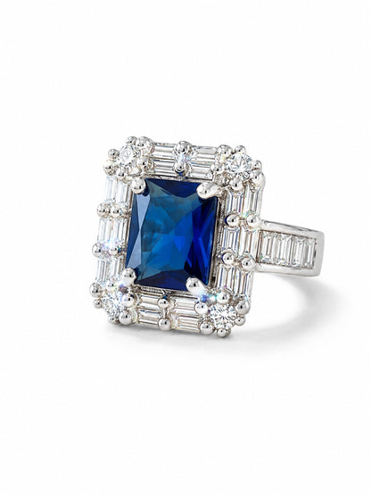 Rhodium Plated Blue AD Finger Ring for Women