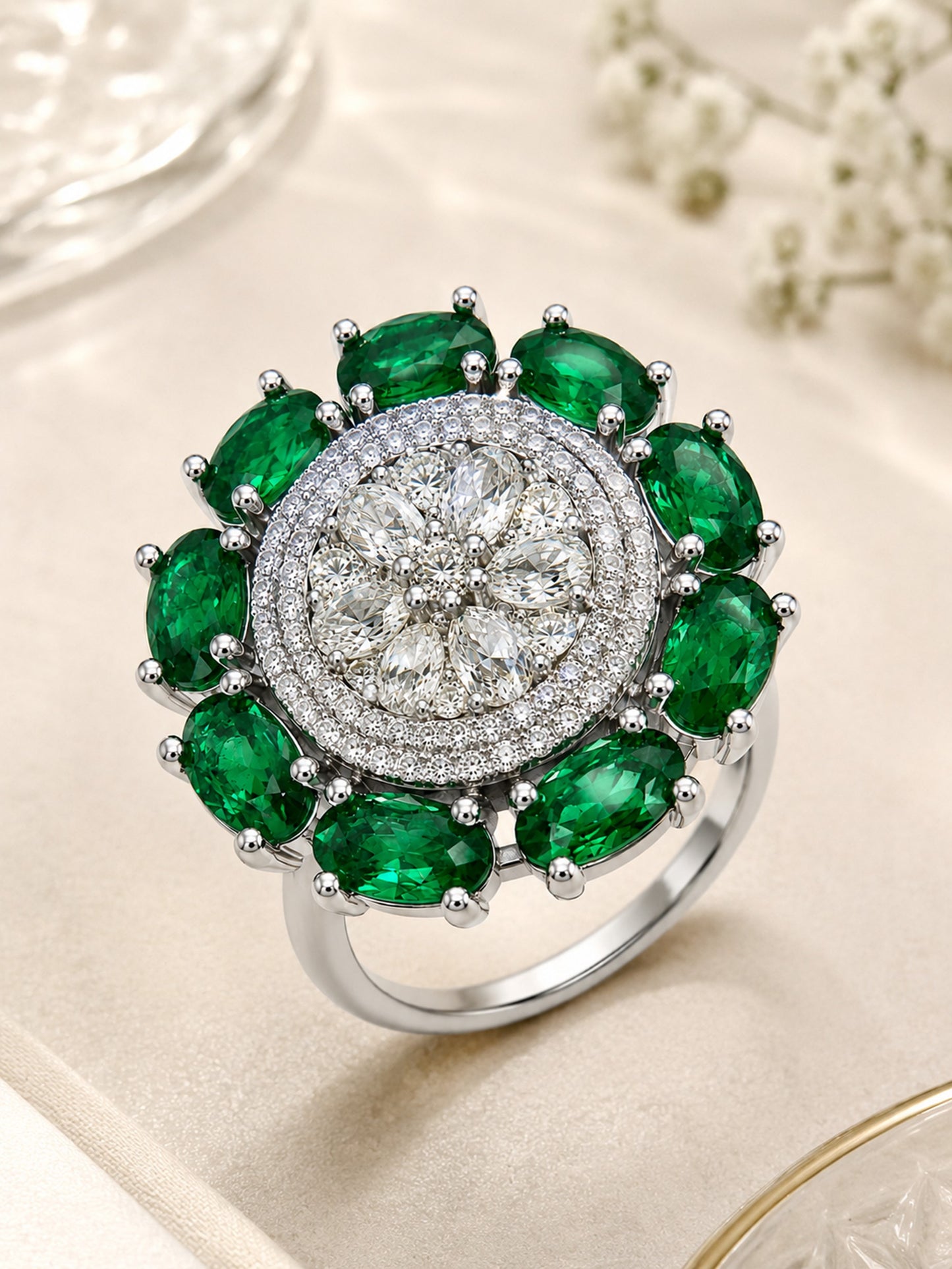 Rhodium Plated Green AD Floral Finger Ring for Women