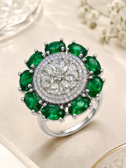 Rhodium Plated Green AD Floral Finger Ring for Women