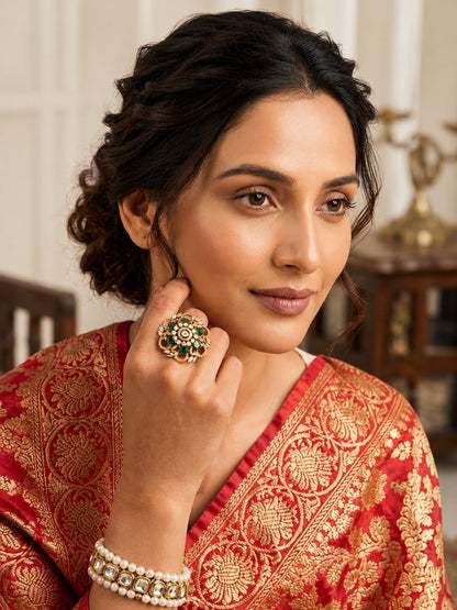 Antique Gold Plated Green AD Finger Ring for Women