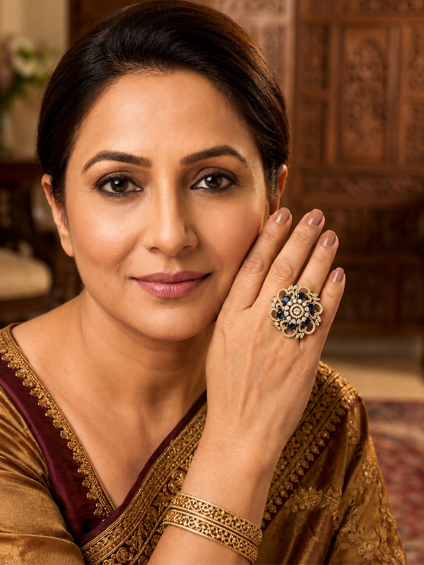 Antique Gold Plated Blue AD Finger Ring for Women