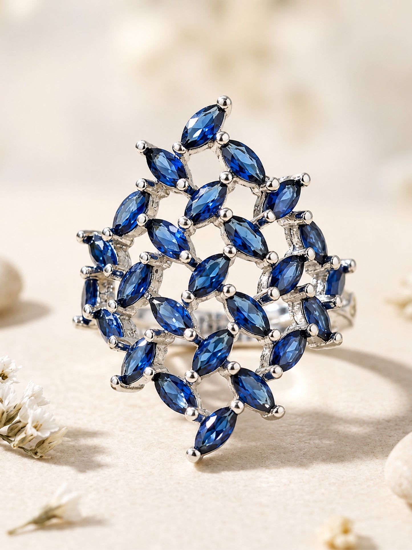 Rhodium Plated Blue AD Finger Ring for Women