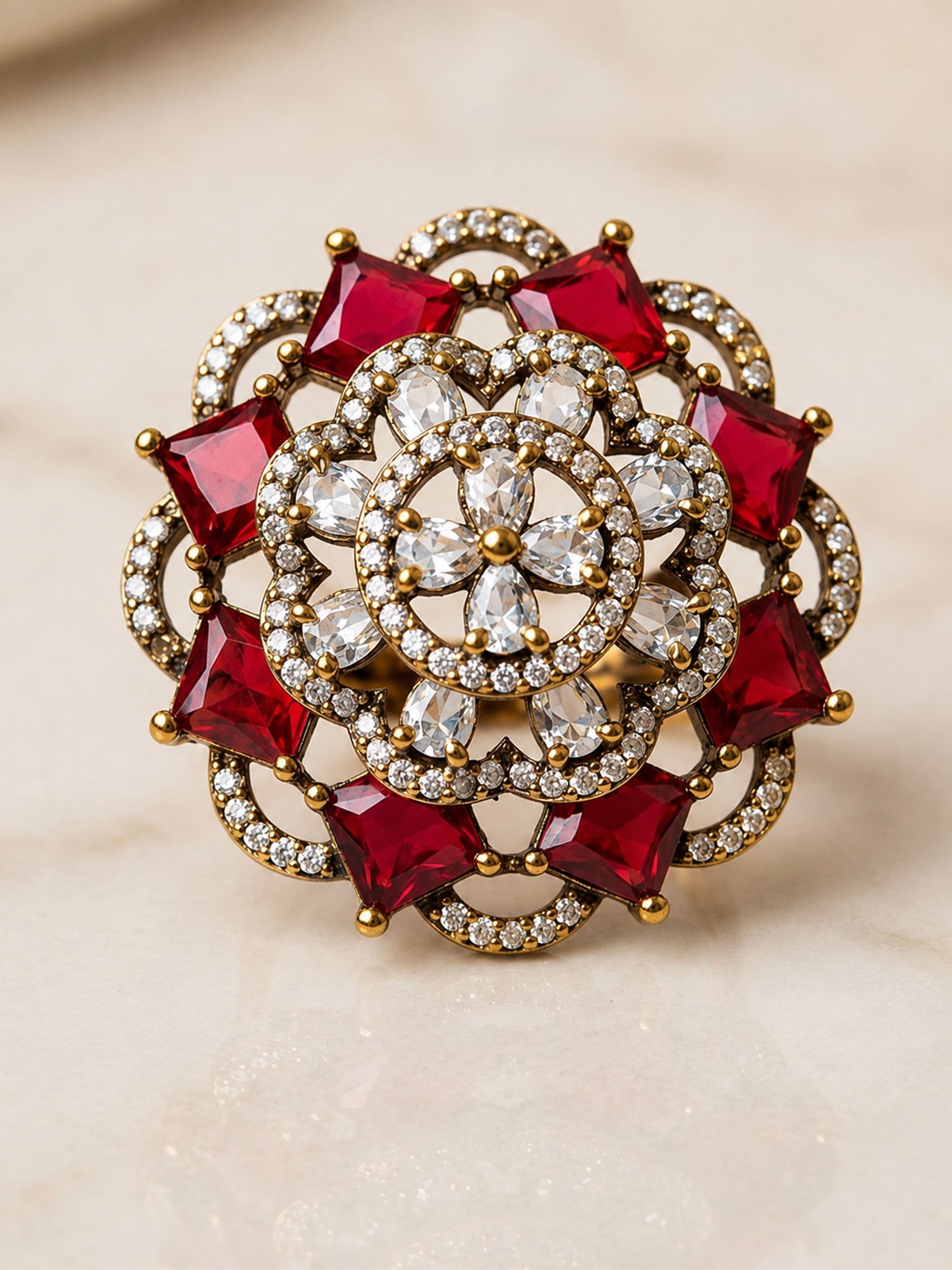 Antique Gold Plated Red AD Finger Ring for Women