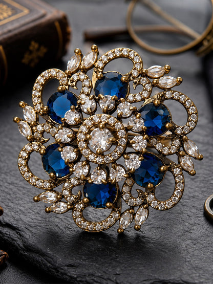 Antique Gold Plated Blue AD Finger Ring for Women
