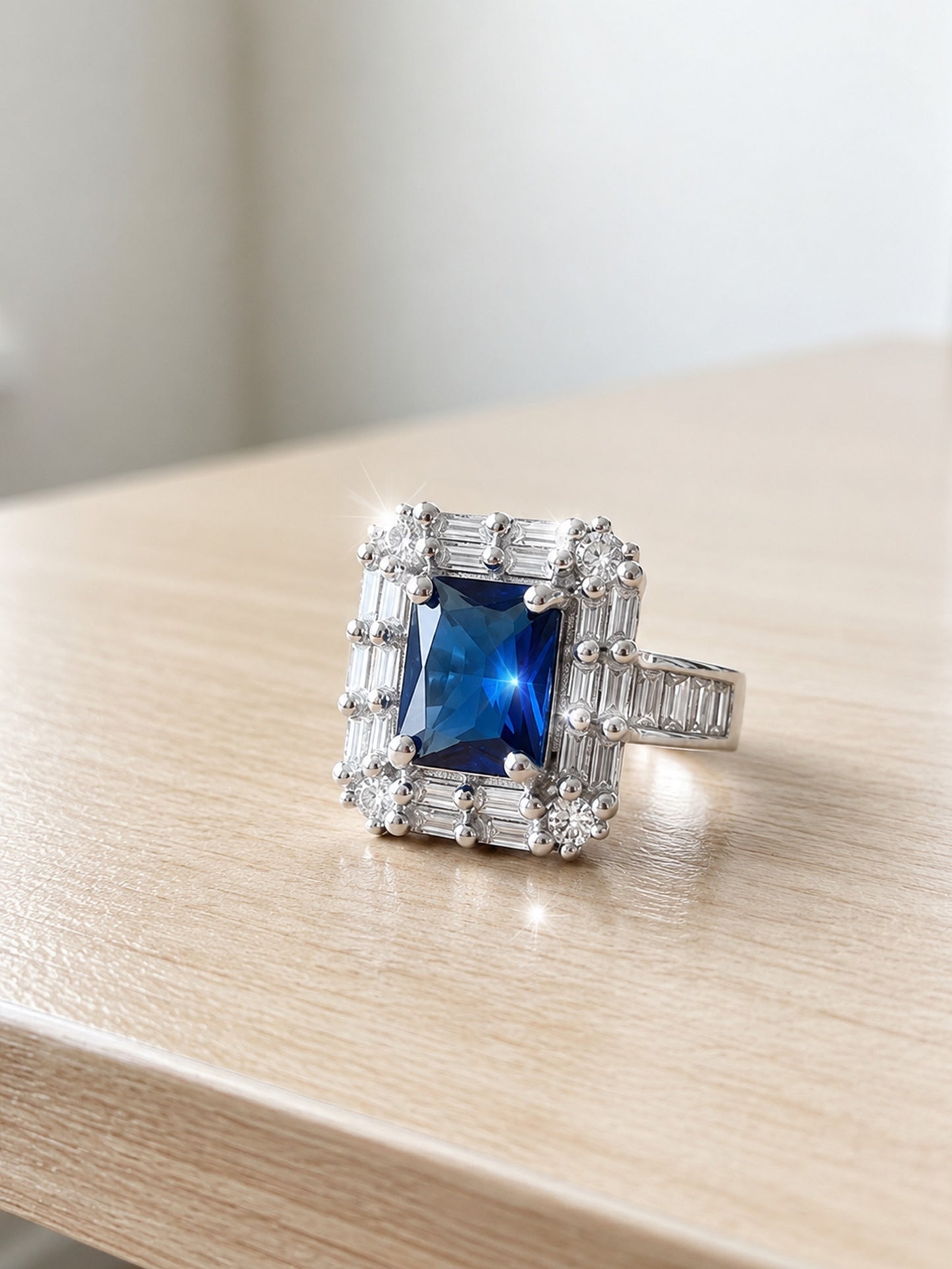 Rhodium Plated Blue AD Finger Ring for Women