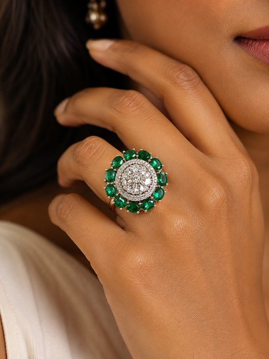 Rhodium Plated Green AD Floral Finger Ring for Women