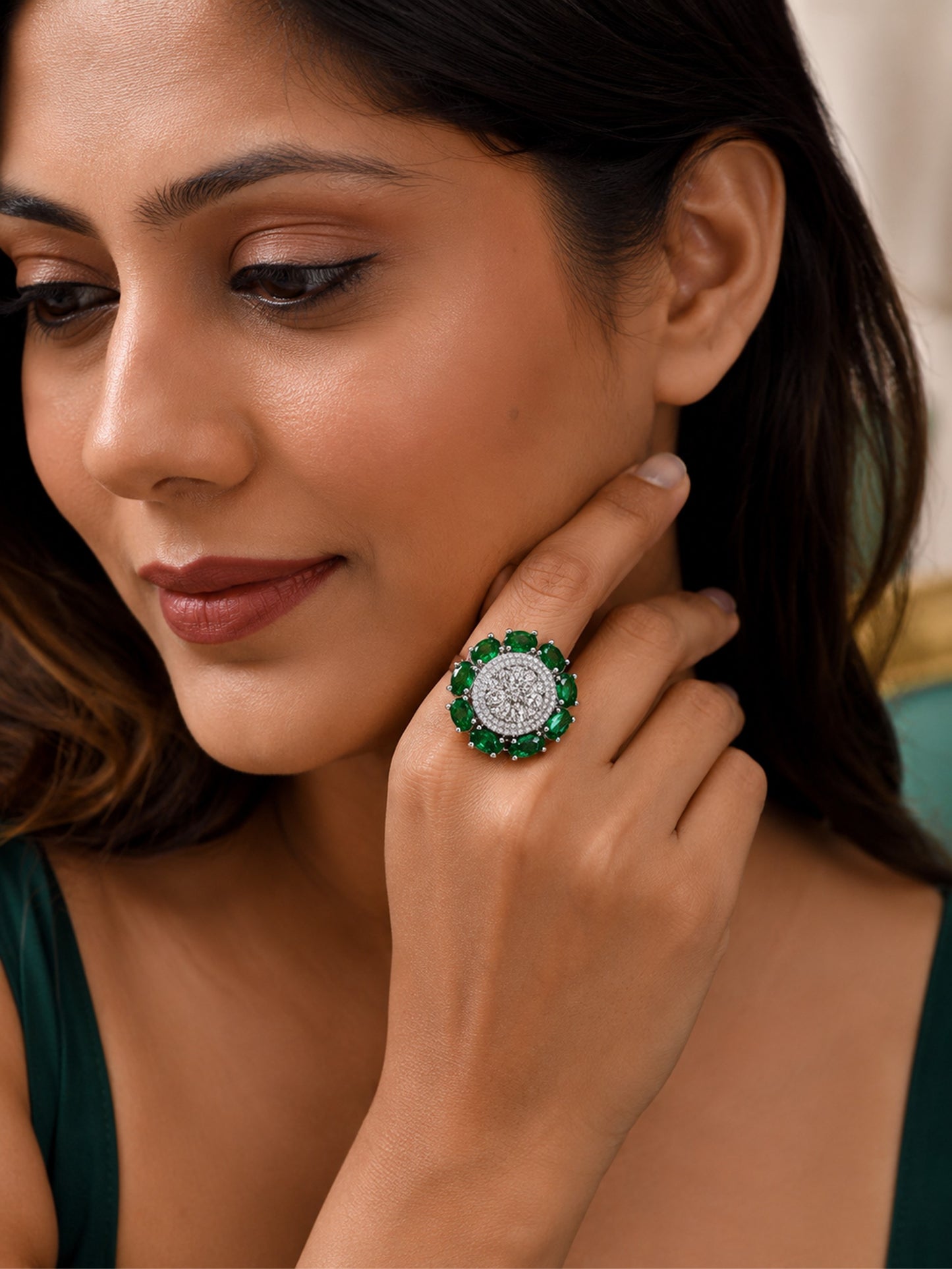 Rhodium Plated Green AD Floral Finger Ring for Women