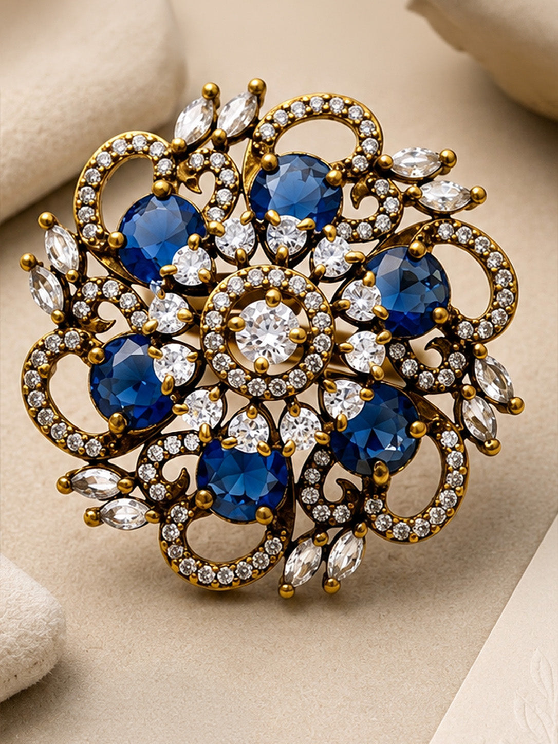 Antique Gold Plated Blue AD Finger Ring for Women
