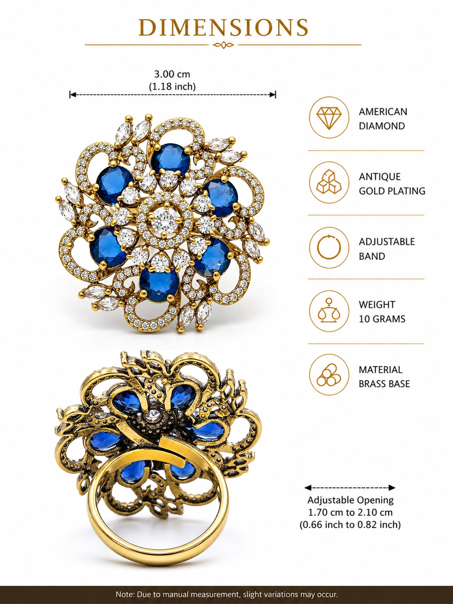 Antique Gold Plated Blue AD Finger Ring for Women
