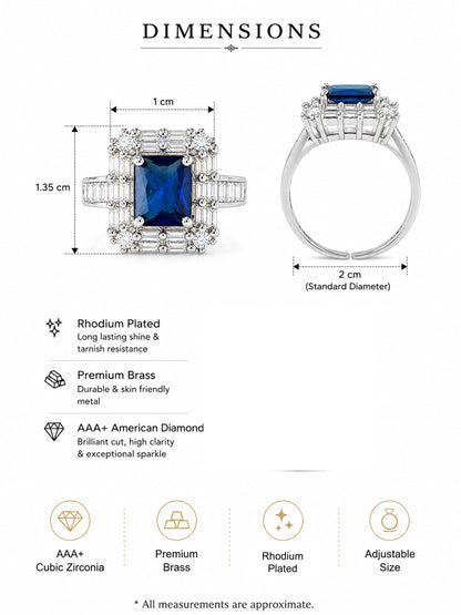 Rhodium Plated Blue AD Finger Ring for Women