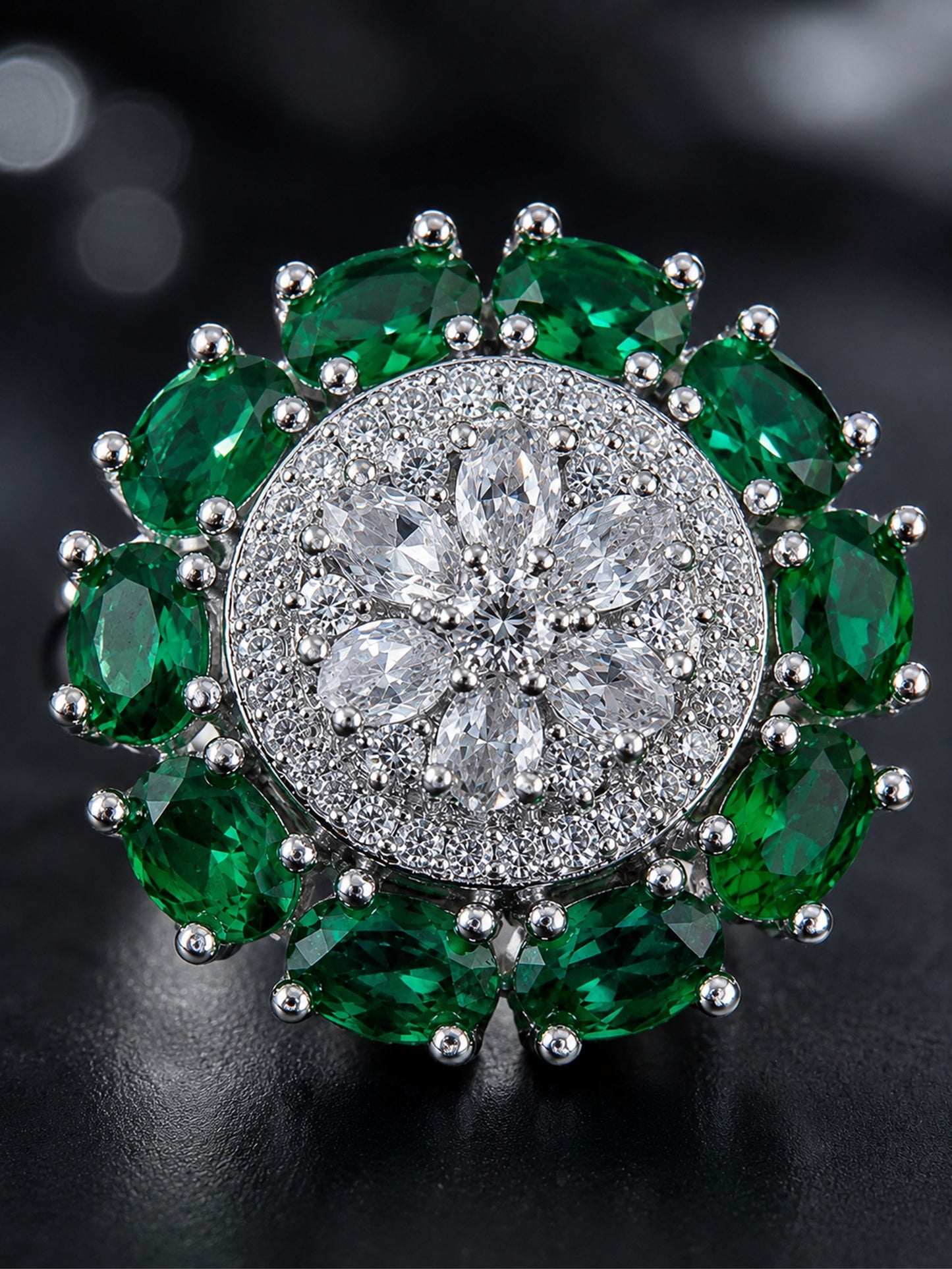 Rhodium Plated Green AD Floral Finger Ring for Women