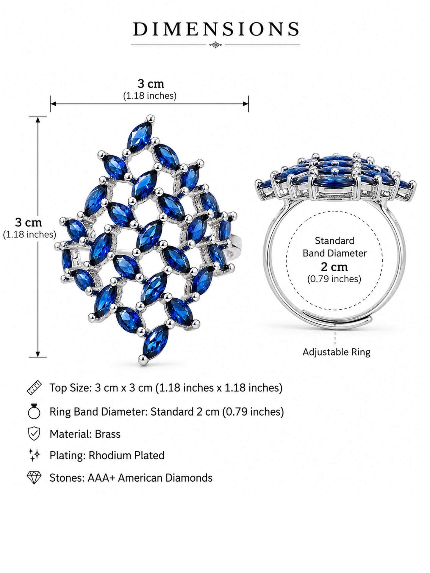 Rhodium Plated Blue AD Finger Ring for Women