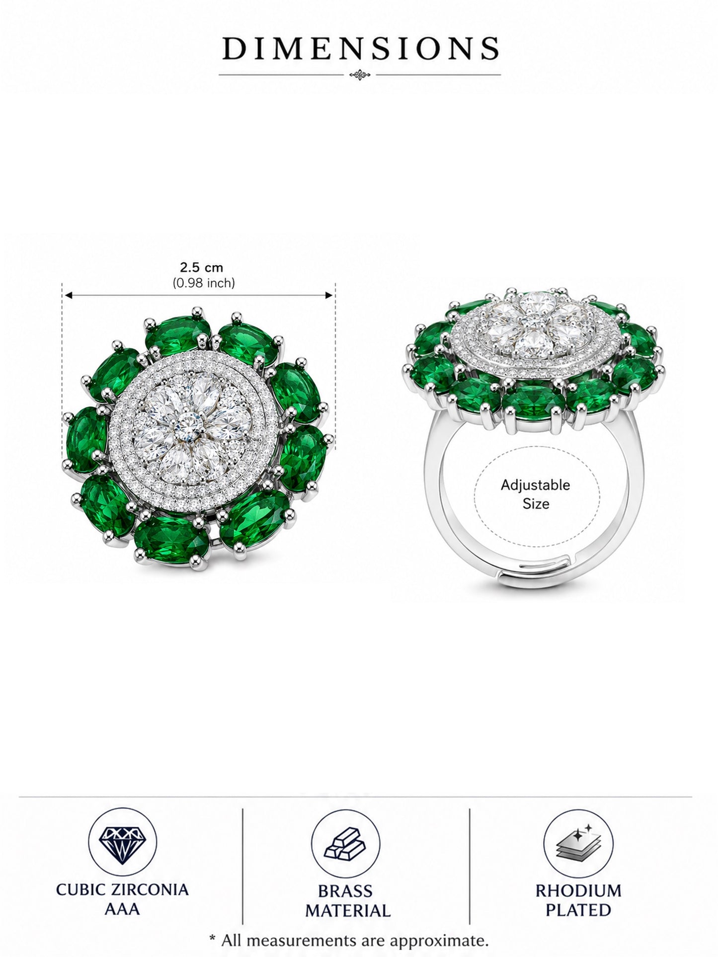 Rhodium Plated Green AD Floral Finger Ring for Women