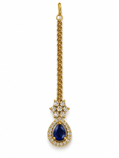 South Indian Gold Plated Blue AD Maang Tikka for Women