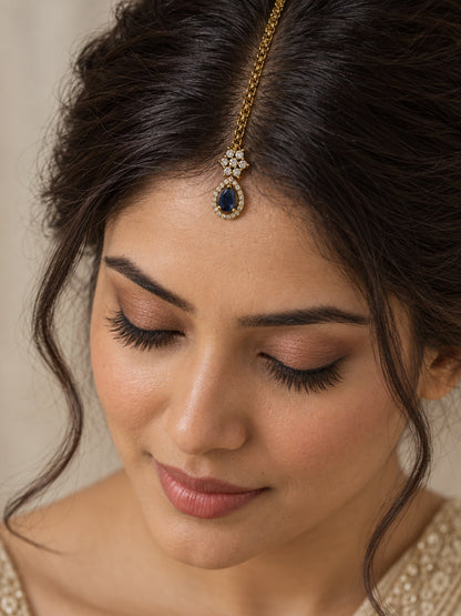 South Indian Gold Plated Blue AD Maang Tikka for Women