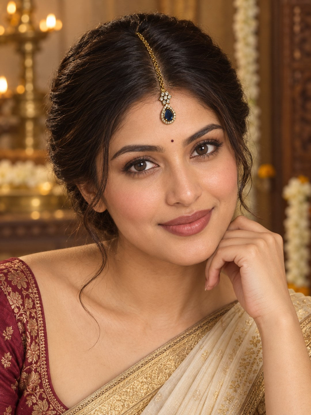 South Indian Gold Plated Blue AD Maang Tikka for Women