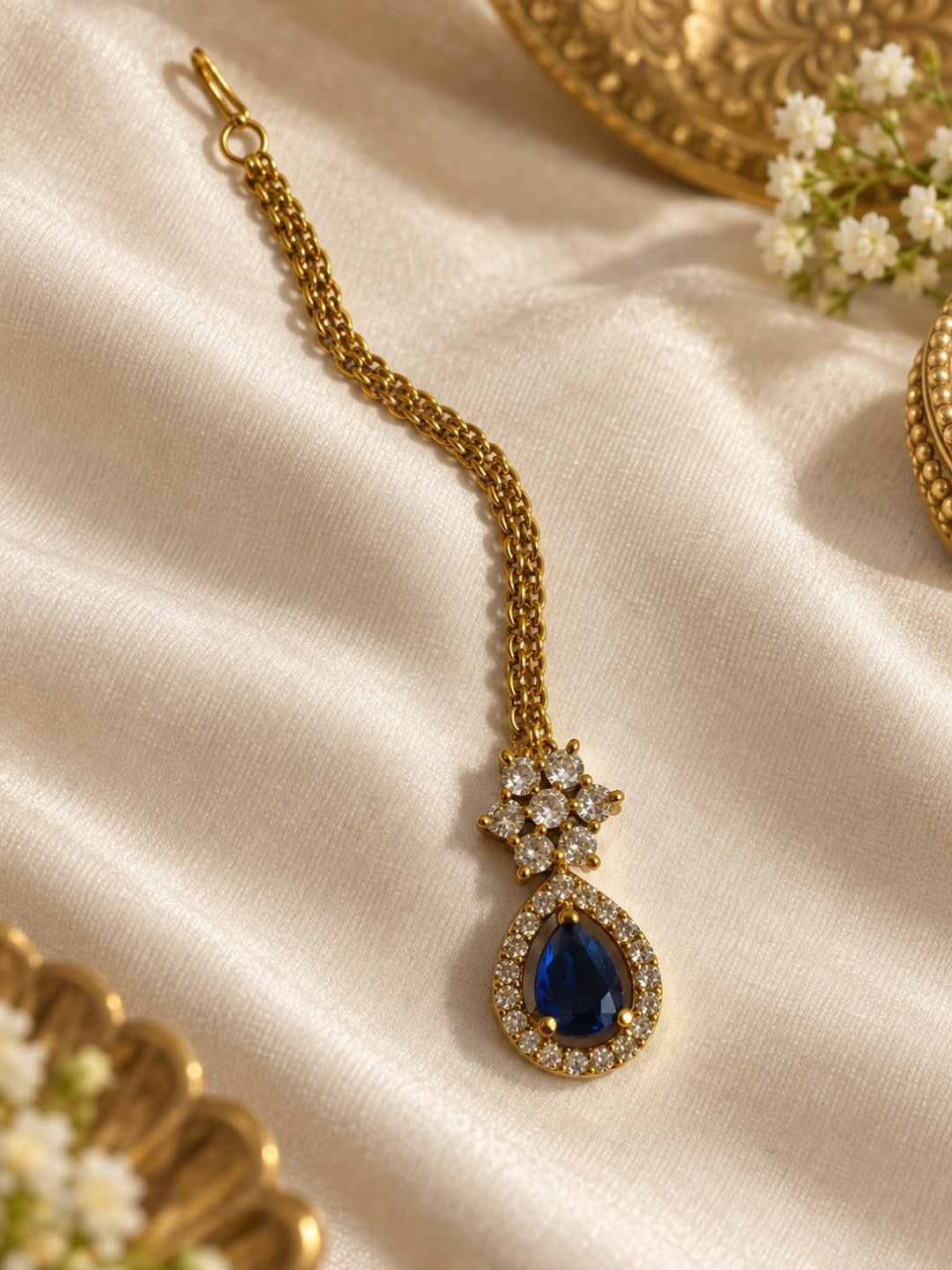 South Indian Gold Plated Blue AD Maang Tikka for Women