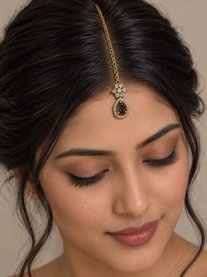South Indian Gold Plated Purple AD Maang Tikka for Women