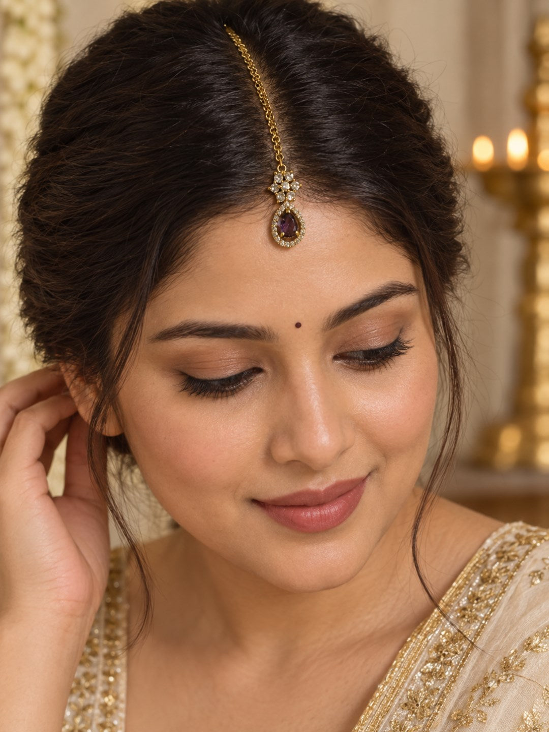 South Indian Gold Plated Purple AD Maang Tikka for Women
