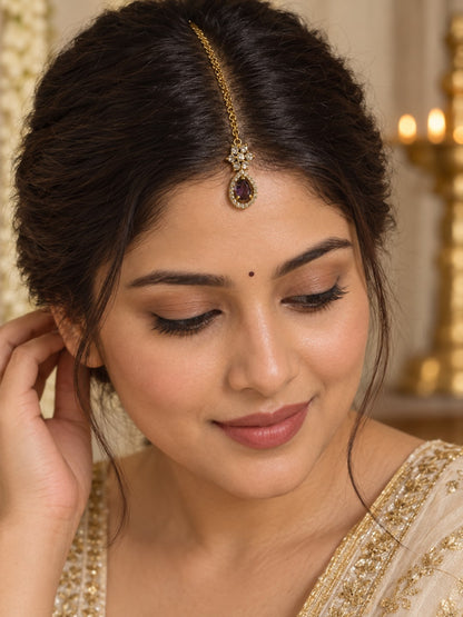South Indian Gold Plated Purple AD Maang Tikka for Women