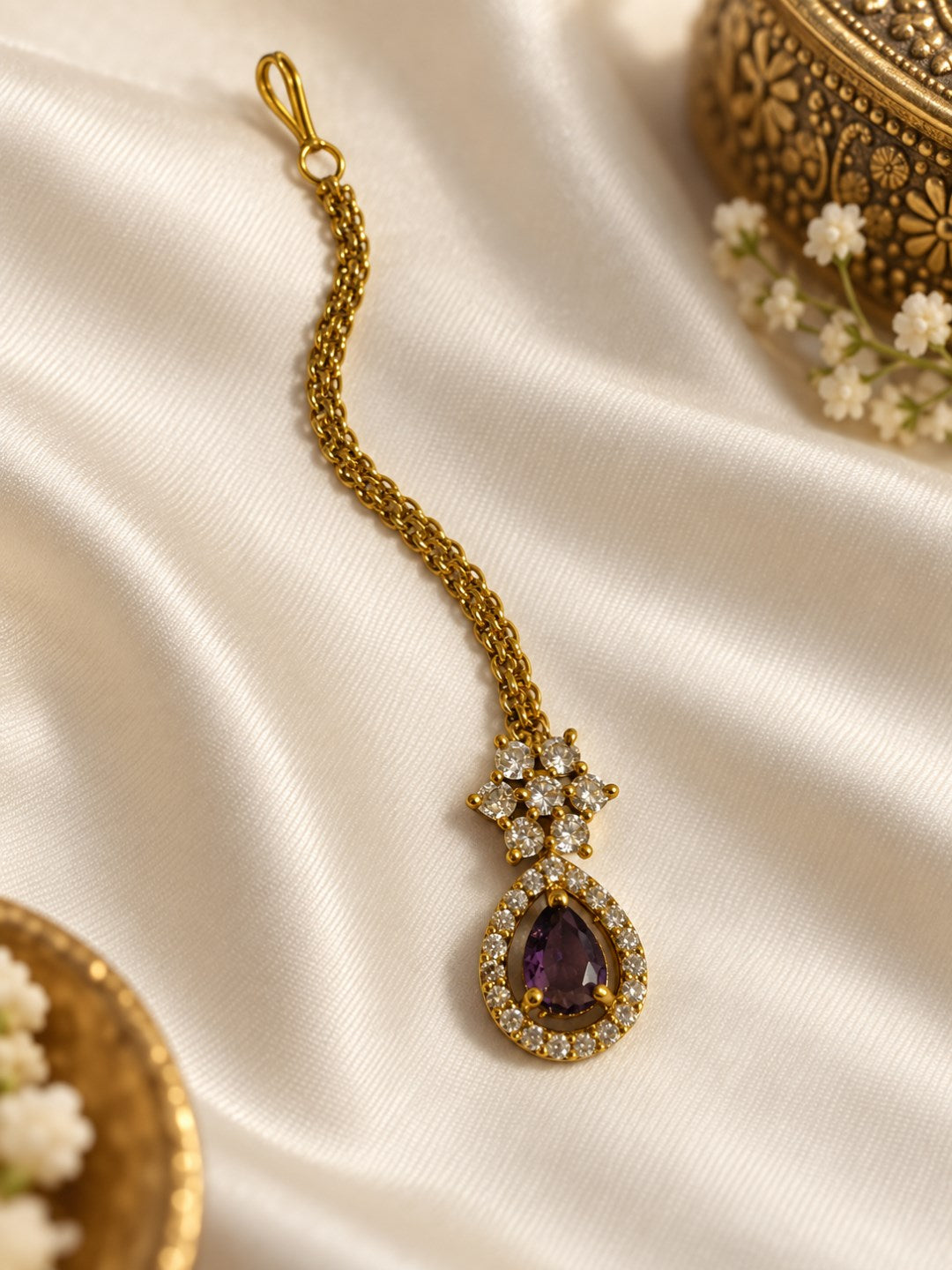 South Indian Gold Plated Purple AD Maang Tikka for Women
