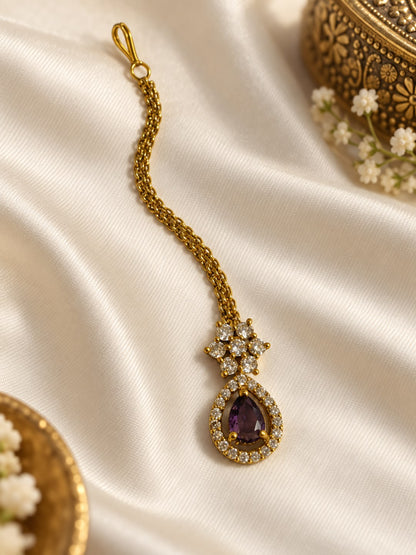 South Indian Gold Plated Purple AD Maang Tikka for Women