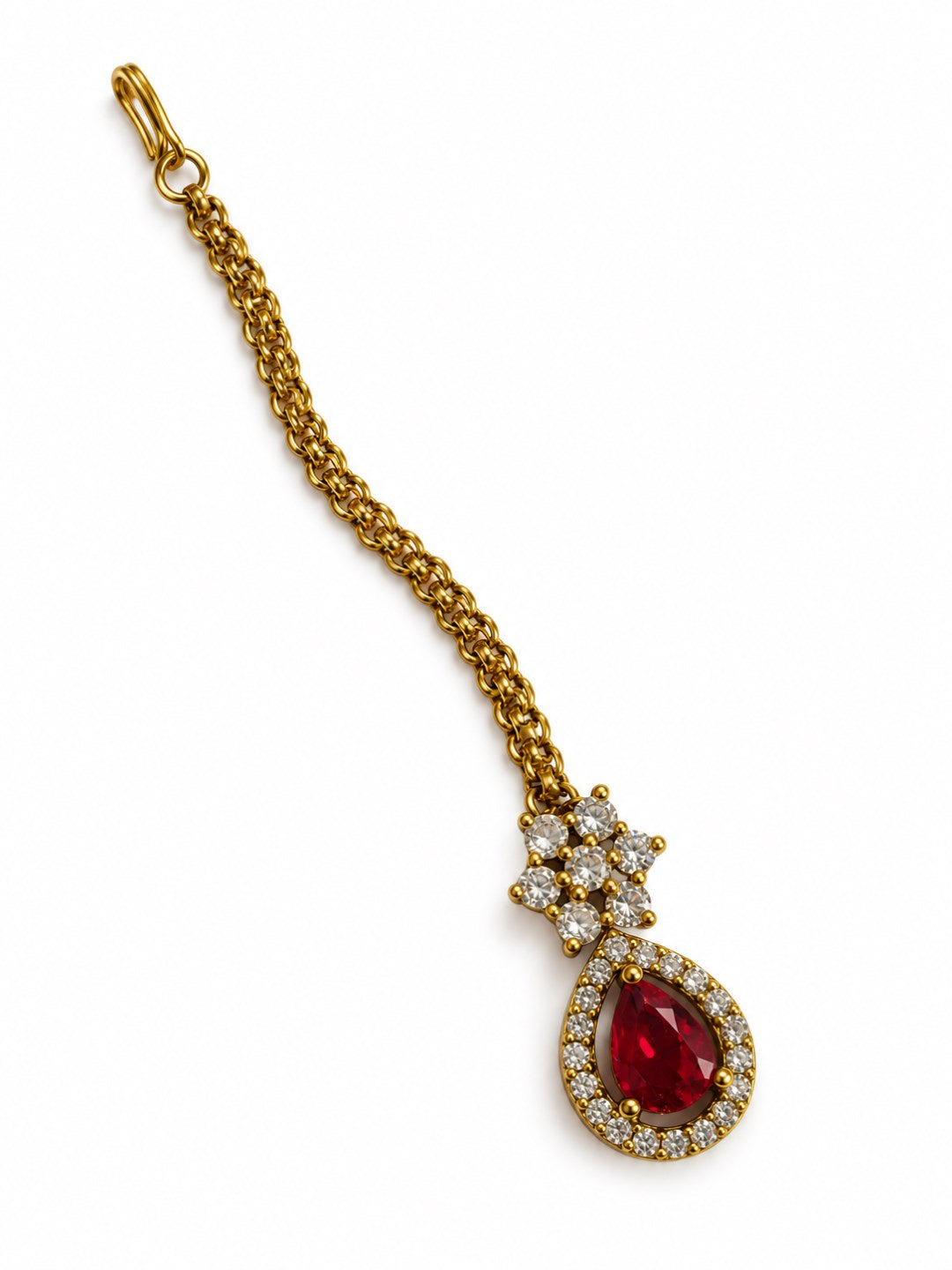 South Indian Gold Plated Red AD Maang Tikka for Women