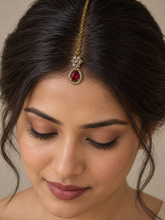 South Indian Gold Plated Red AD Maang Tikka for Women