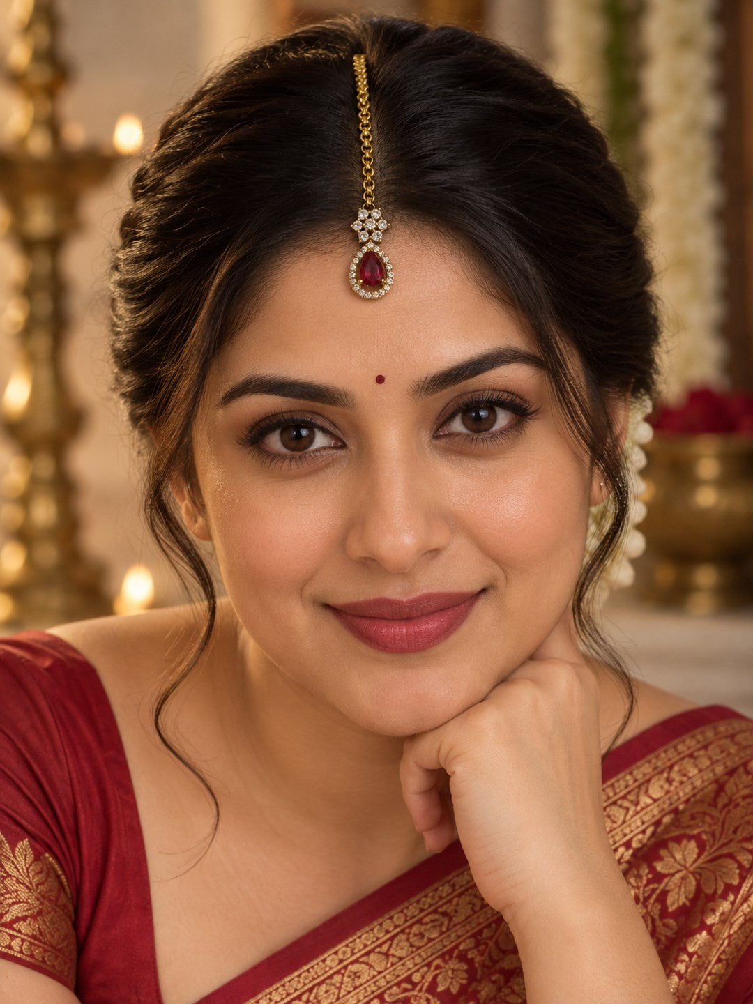 South Indian Gold Plated Red AD Maang Tikka for Women