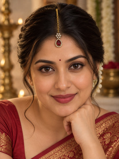 South Indian Gold Plated Red AD Maang Tikka for Women