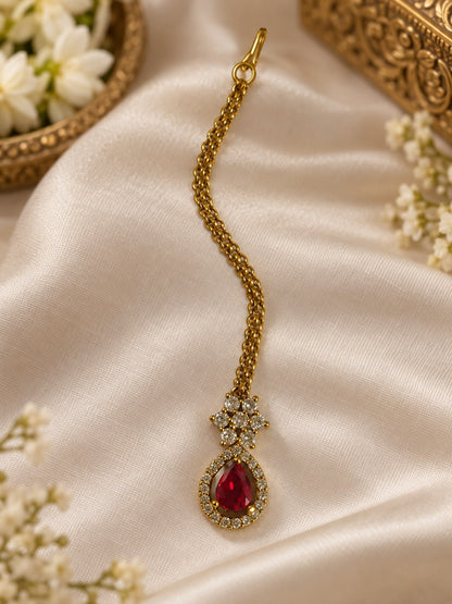 South Indian Gold Plated Red AD Maang Tikka for Women