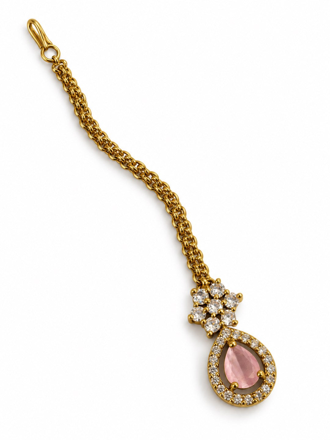 South Indian Gold Plated Pink AD Maang Tikka for Women