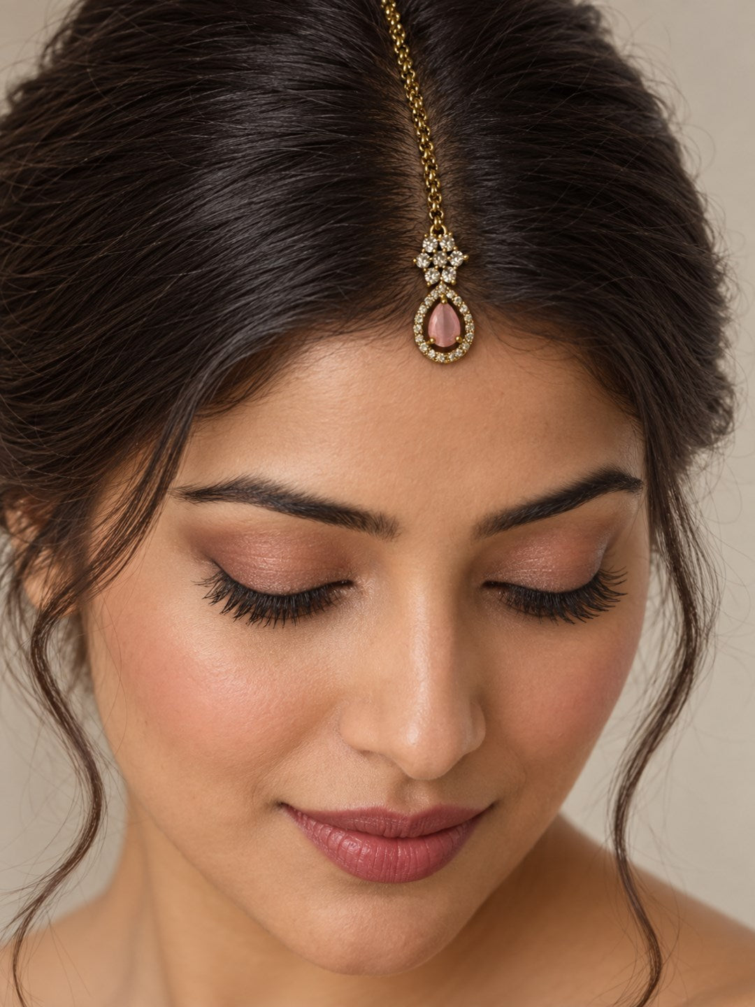 South Indian Gold Plated Pink AD Maang Tikka for Women