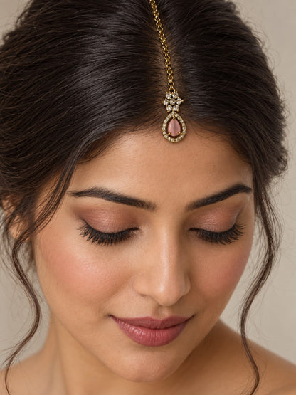 South Indian Gold Plated Pink AD Maang Tikka for Women
