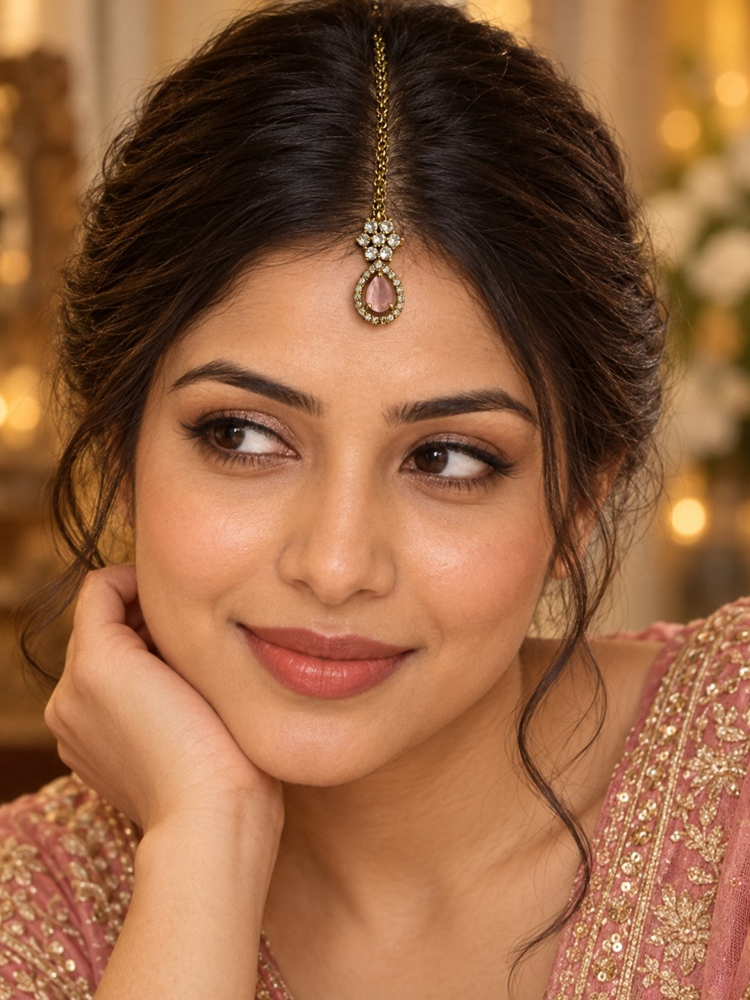South Indian Gold Plated Pink AD Maang Tikka for Women
