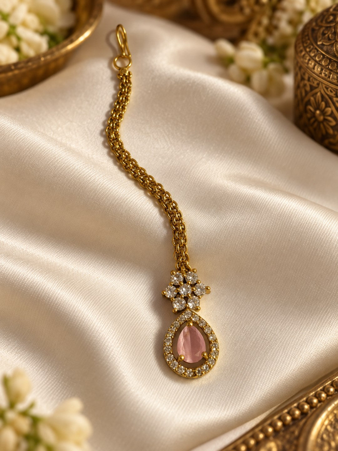 South Indian Gold Plated Pink AD Maang Tikka for Women