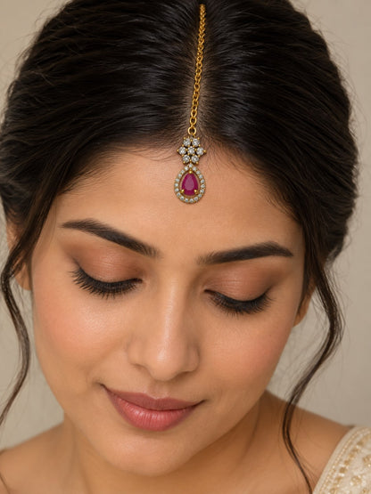 South Indian Gold Plated Ruby AD Maang Tikka for Women