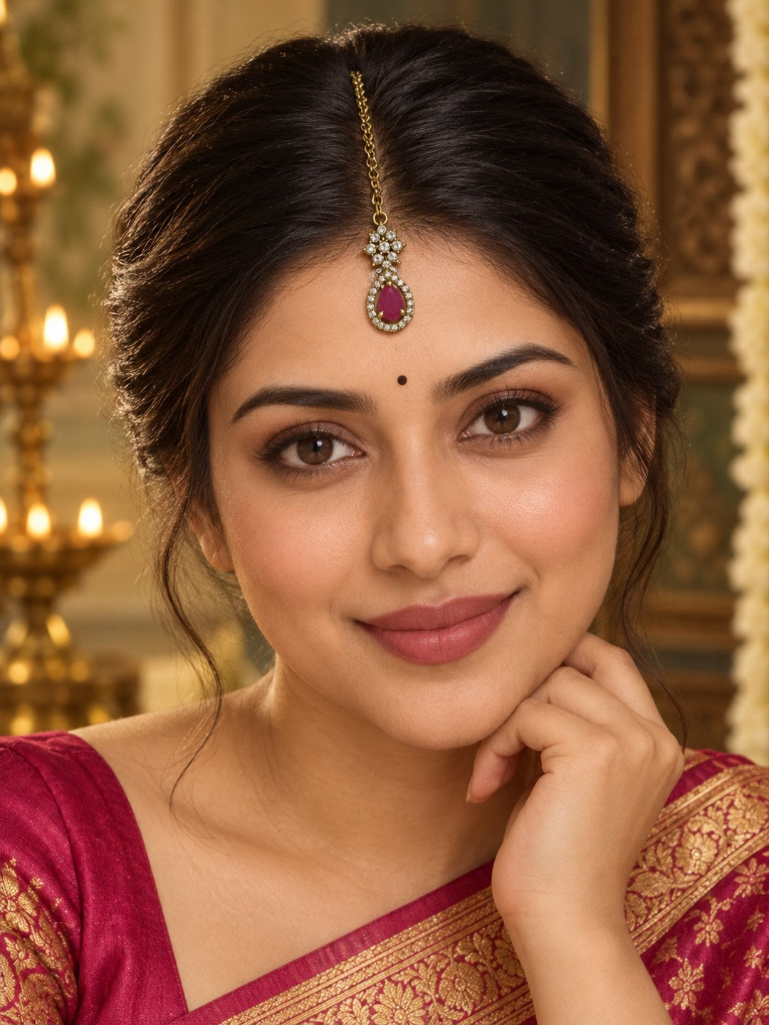 South Indian Gold Plated Ruby AD Maang Tikka for Women