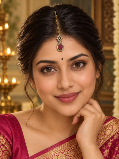 South Indian Gold Plated Ruby AD Maang Tikka for Women