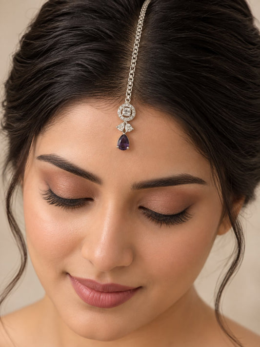 Silver Plated Purple AD Maang Tikka for Women