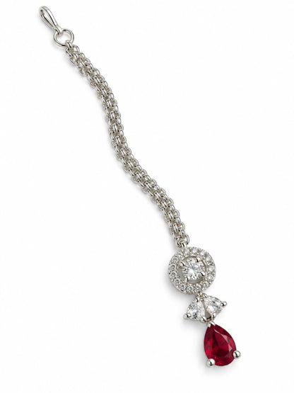 Silver Plated Red AD Maang Tikka for Women
