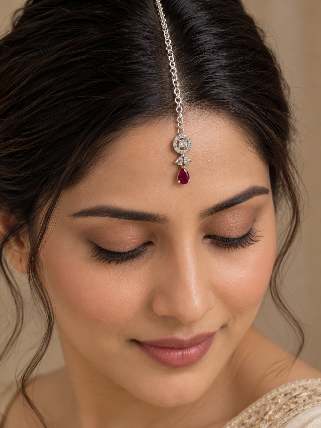 Silver Plated Red AD Maang Tikka for Women