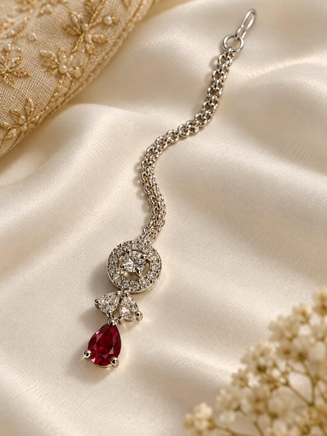 Silver Plated Red AD Maang Tikka for Women