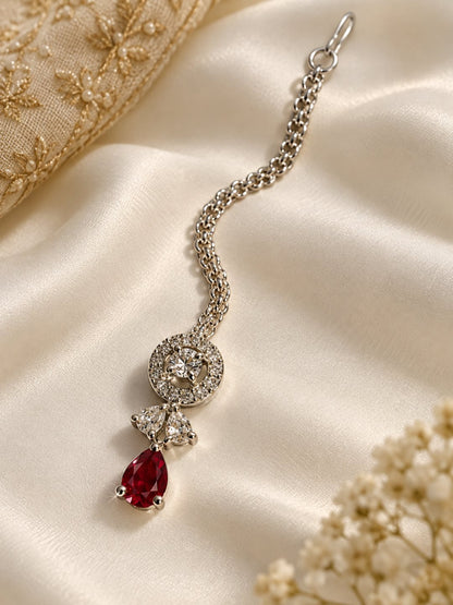 Silver Plated Red AD Maang Tikka for Women