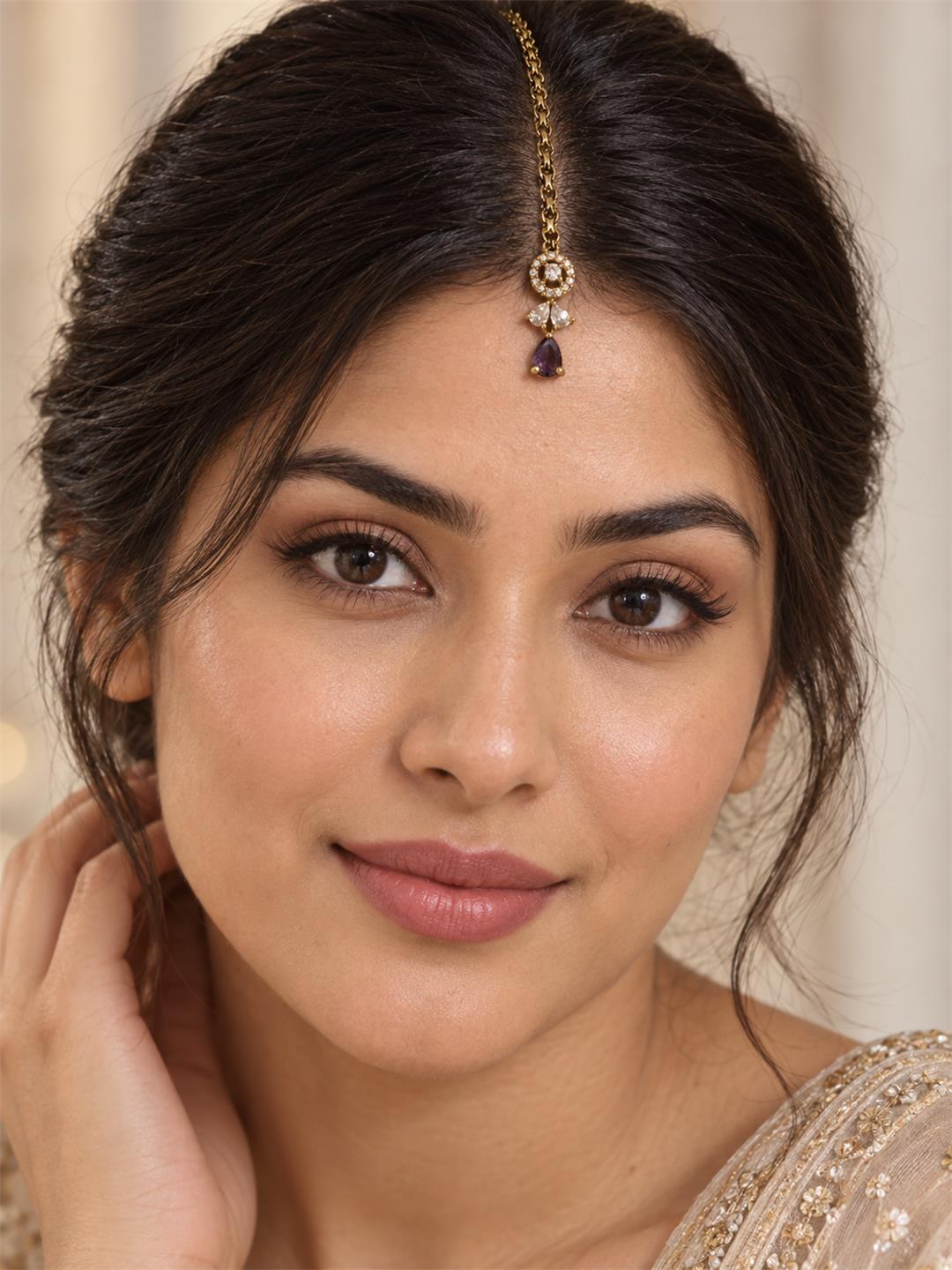 South Indian Gold Plated Purple AD Maang Tikka for Women