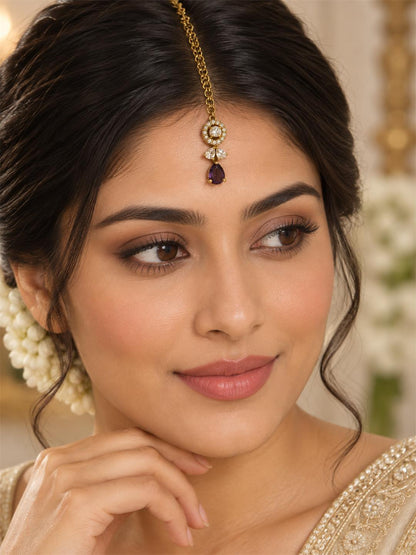 South Indian Gold Plated Purple AD Maang Tikka for Women