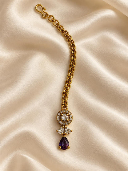South Indian Gold Plated Purple AD Maang Tikka for Women